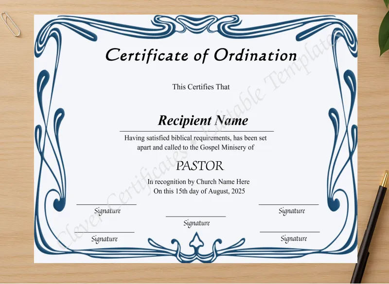Professional preview of Editable Certificate Of Ordination For Pastor certificate on high-quality stationery paper, ideal for showcasing the final look.