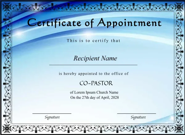 Printable Bishop Pastor Appointment Certificate