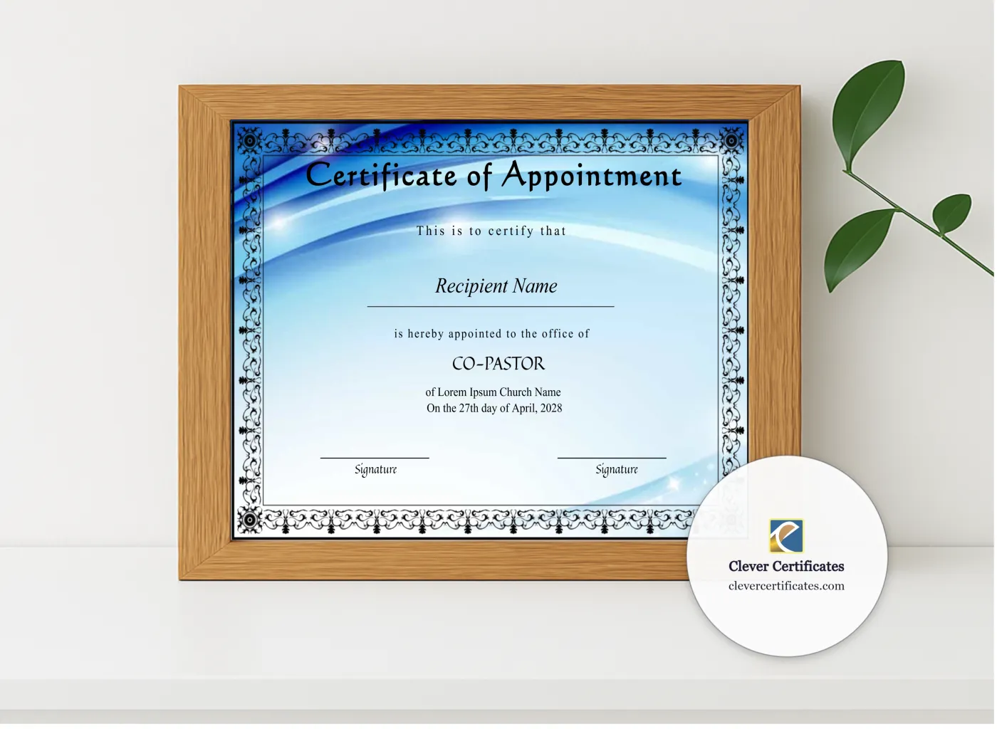 Realistic mockup featuring Printable Bishop Pastor Appointment Certificate displayed within a modern frame, set against a minimalistic background.