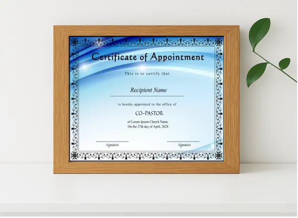 Realistic mockup featuring Printable Bishop Pastor Appointment Certificate displayed within a modern frame, set against a minimalistic background.