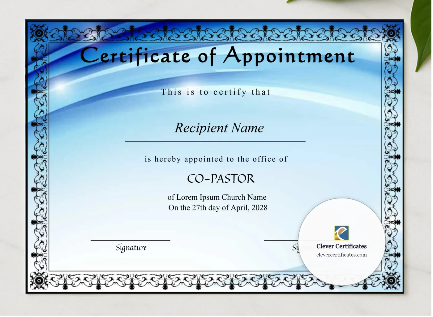 Printable Bishop Pastor Appointment Certificate presented in a sleek wooden frame, elegantly arranged on a stylish table.