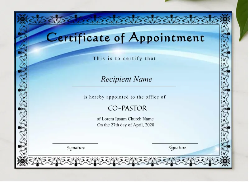 Printable Bishop Pastor Appointment Certificate presented in a sleek wooden frame, elegantly arranged on a stylish table.