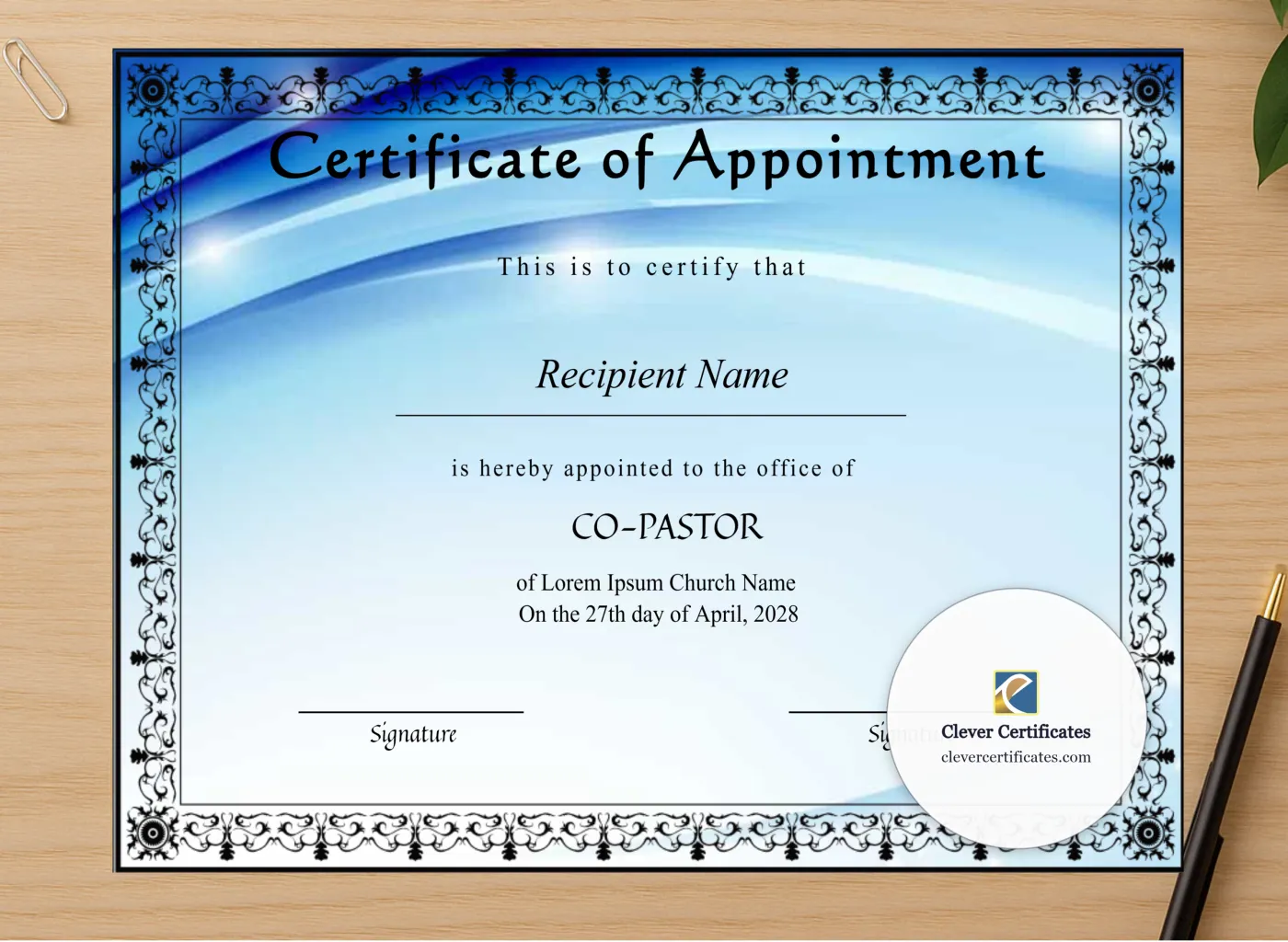 Professional preview of Printable Bishop Pastor Appointment Certificate certificate on high-quality stationery paper, ideal for showcasing the final look.