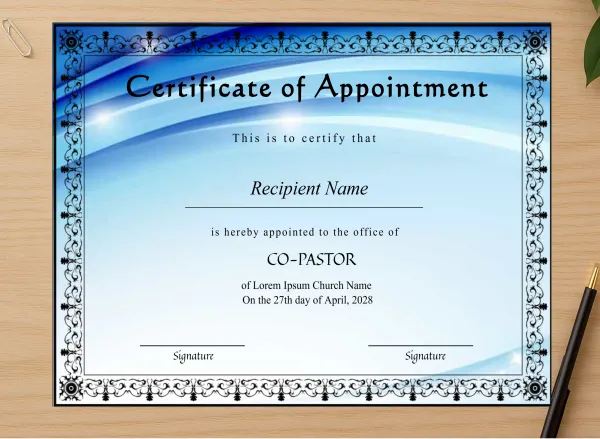 Professional preview of Printable Bishop Pastor Appointment Certificate certificate on high-quality stationery paper, ideal for showcasing the final look.