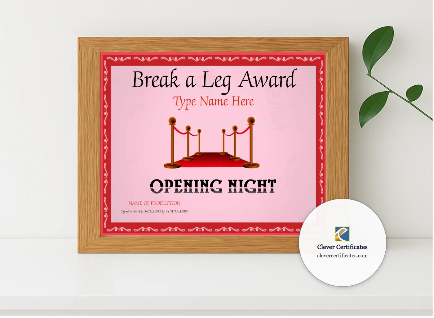 Realistic mockup featuring Opening Night Certificate displayed within a modern frame, set against a minimalistic background.