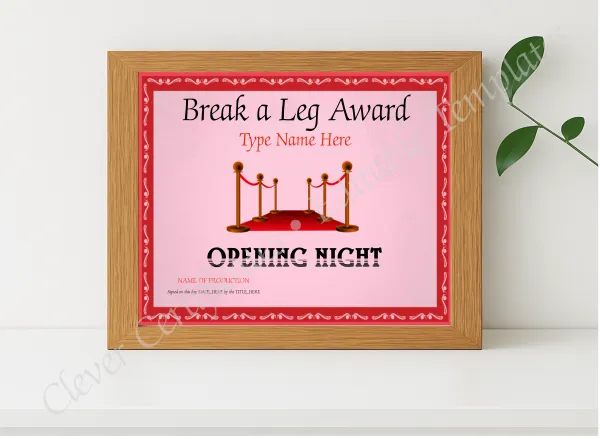 Realistic mockup featuring Opening Night Certificate displayed within a modern frame, set against a minimalistic background.