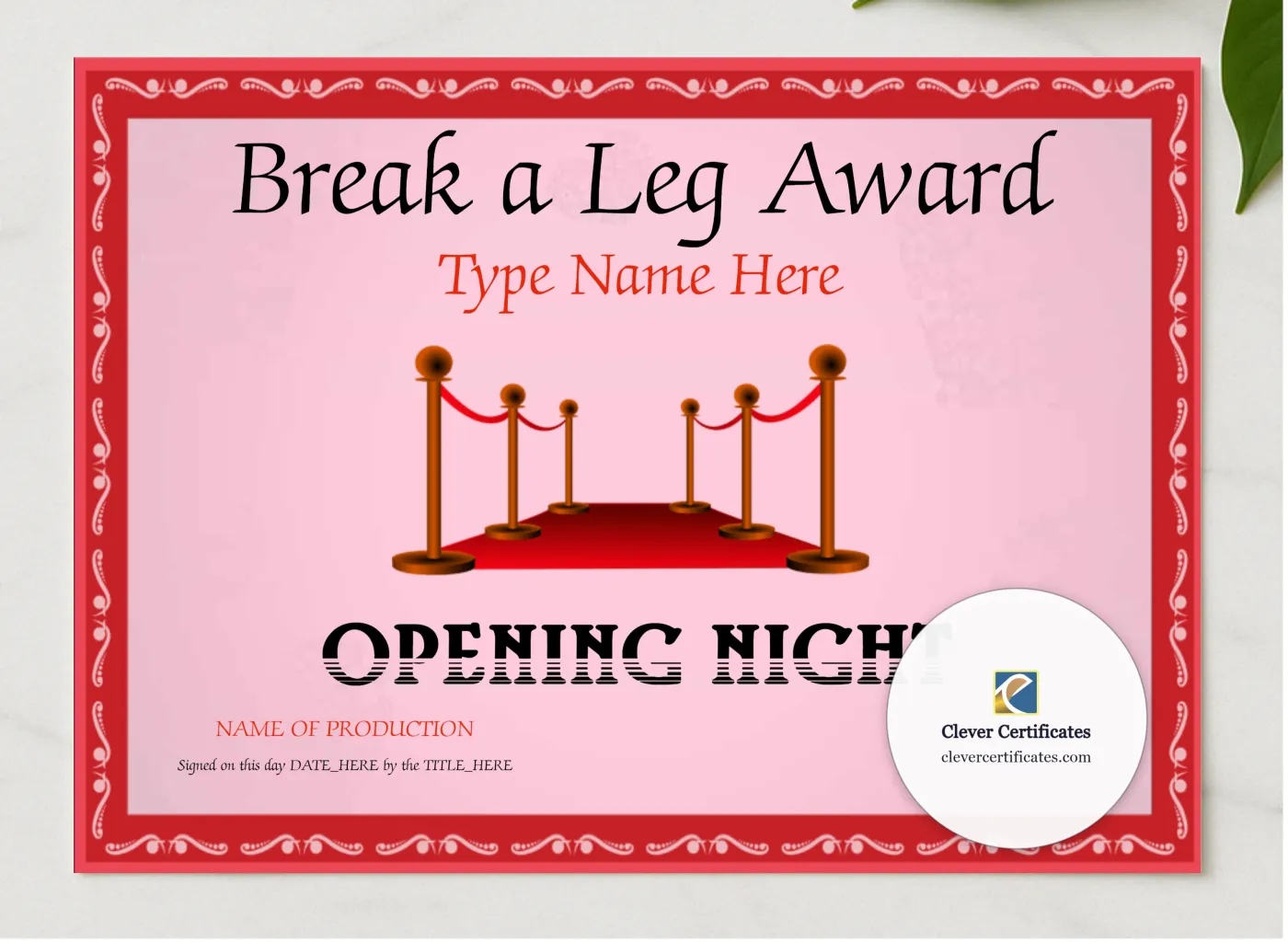 Opening Night Certificate presented in a sleek wooden frame, elegantly arranged on a stylish table.