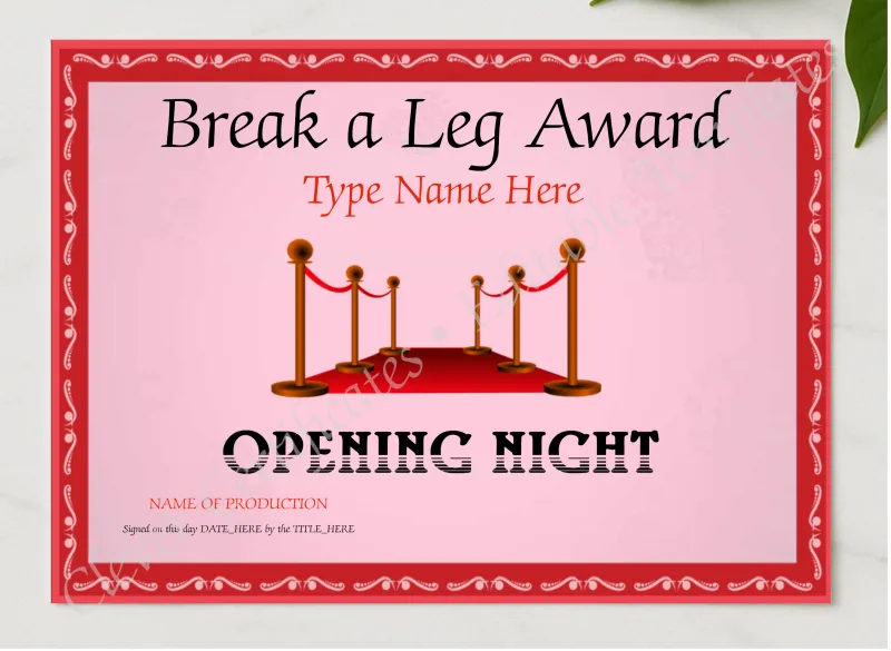 Opening Night Certificate presented in a sleek wooden frame, elegantly arranged on a stylish table.