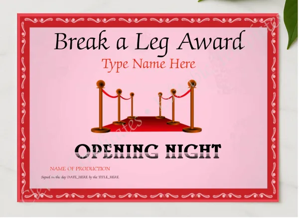 Opening Night Certificate presented in a sleek wooden frame, elegantly arranged on a stylish table.
