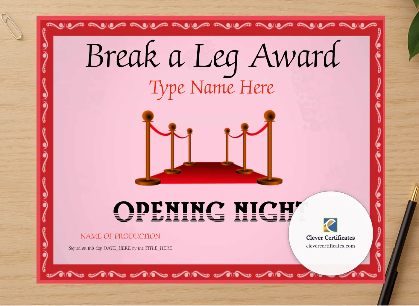 Professional preview of Opening Night Certificate certificate on high-quality stationery paper, ideal for showcasing the final look.