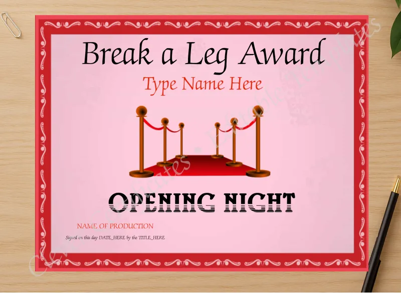 Professional preview of Opening Night Certificate certificate on high-quality stationery paper, ideal for showcasing the final look.