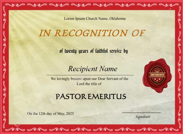 Pastor Emeritus Church Recognition Certificate