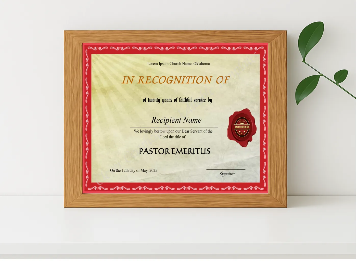 Realistic mockup featuring Pastor Emeritus Church Recognition Certificate displayed within a modern frame, set against a minimalistic background.