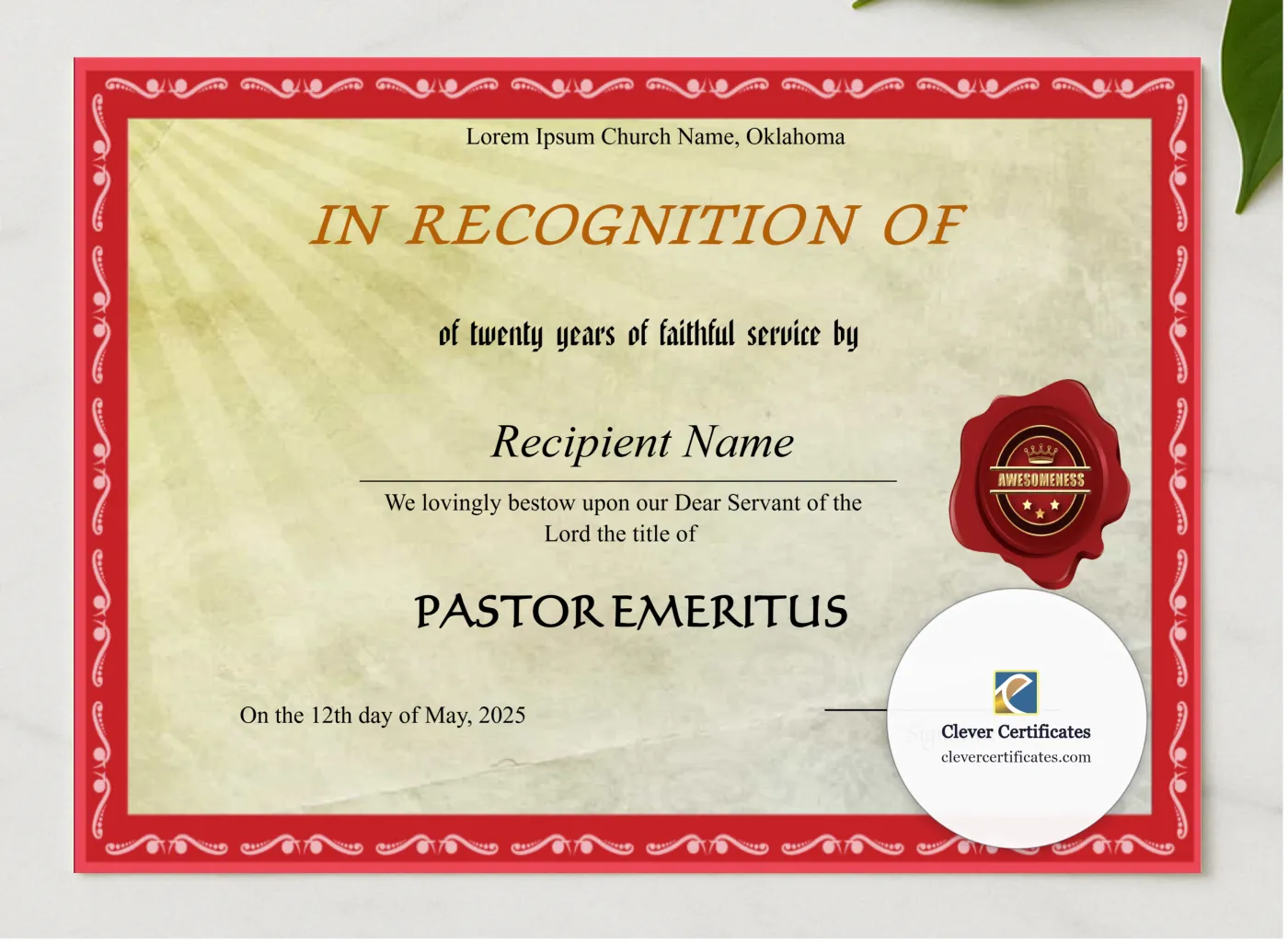 Pastor Emeritus Church Recognition Certificate presented in a sleek wooden frame, elegantly arranged on a stylish table.