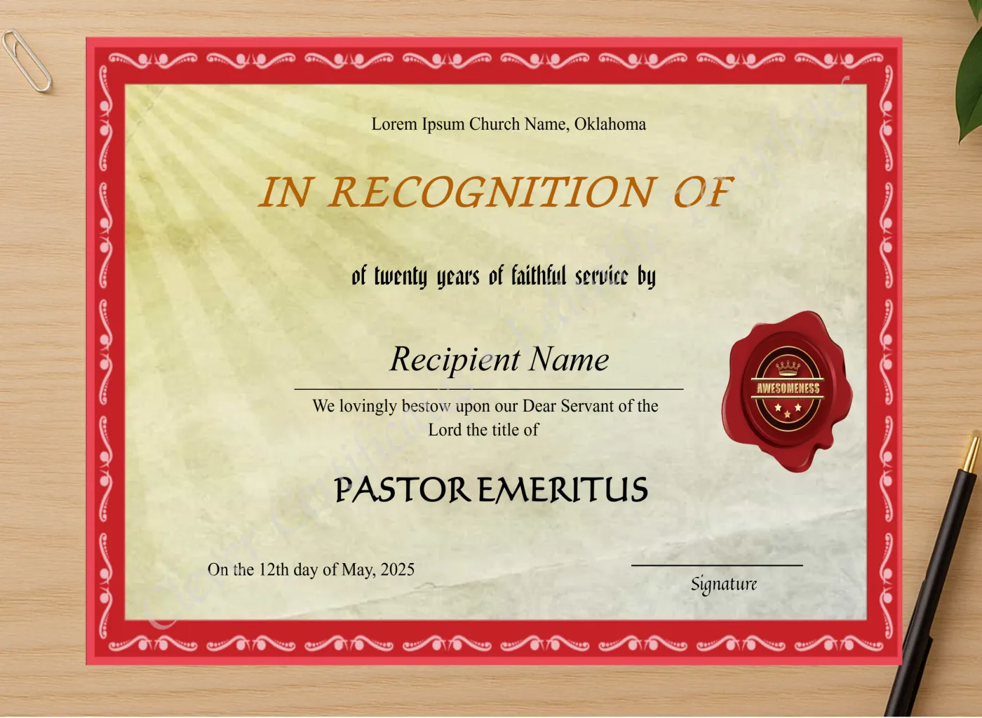Professional preview of Pastor Emeritus Church Recognition Certificate certificate on high-quality stationery paper, ideal for showcasing the final look.