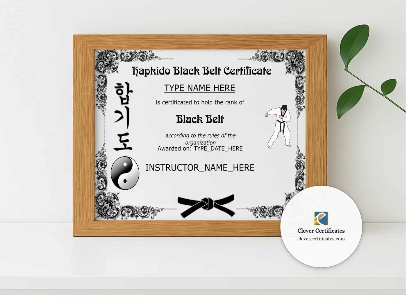 Realistic mockup featuring Editable Hapkido Black Belt Certificate displayed within a modern frame, set against a minimalistic background.