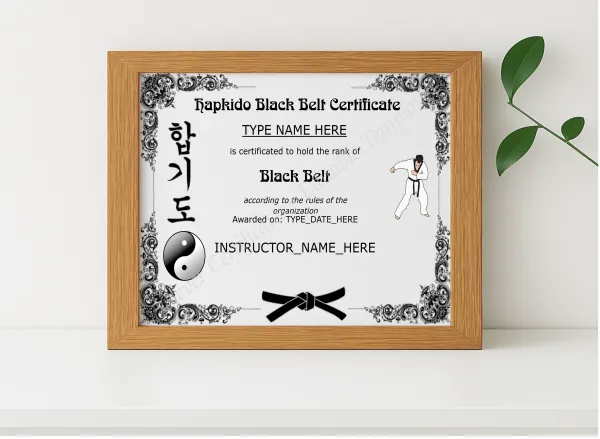 Realistic mockup featuring Editable Hapkido Black Belt Certificate displayed within a modern frame, set against a minimalistic background.