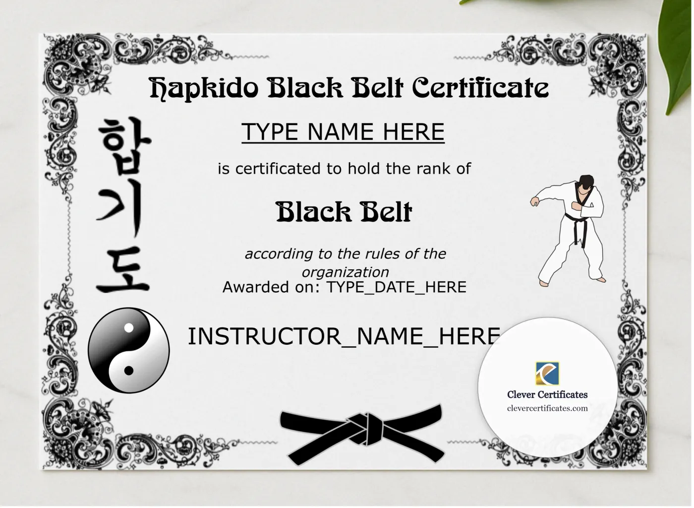 Editable Hapkido Black Belt Certificate presented in a sleek wooden frame, elegantly arranged on a stylish table.