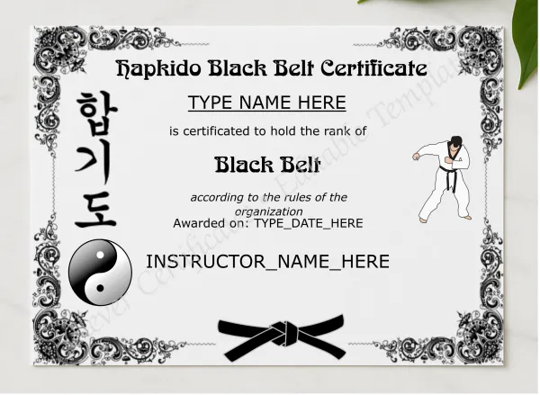 Editable Hapkido Black Belt Certificate presented in a sleek wooden frame, elegantly arranged on a stylish table.