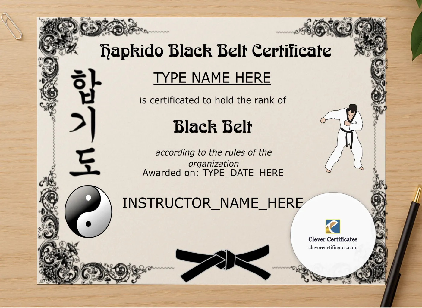 Professional preview of Editable Hapkido Black Belt Certificate certificate on high-quality stationery paper, ideal for showcasing the final look.