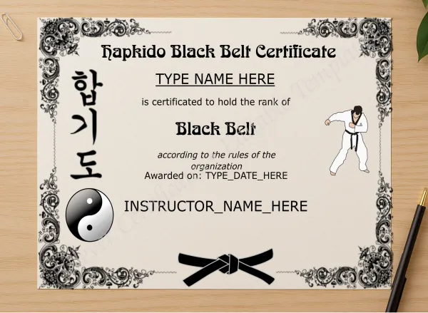 Professional preview of Editable Hapkido Black Belt Certificate certificate on high-quality stationery paper, ideal for showcasing the final look.