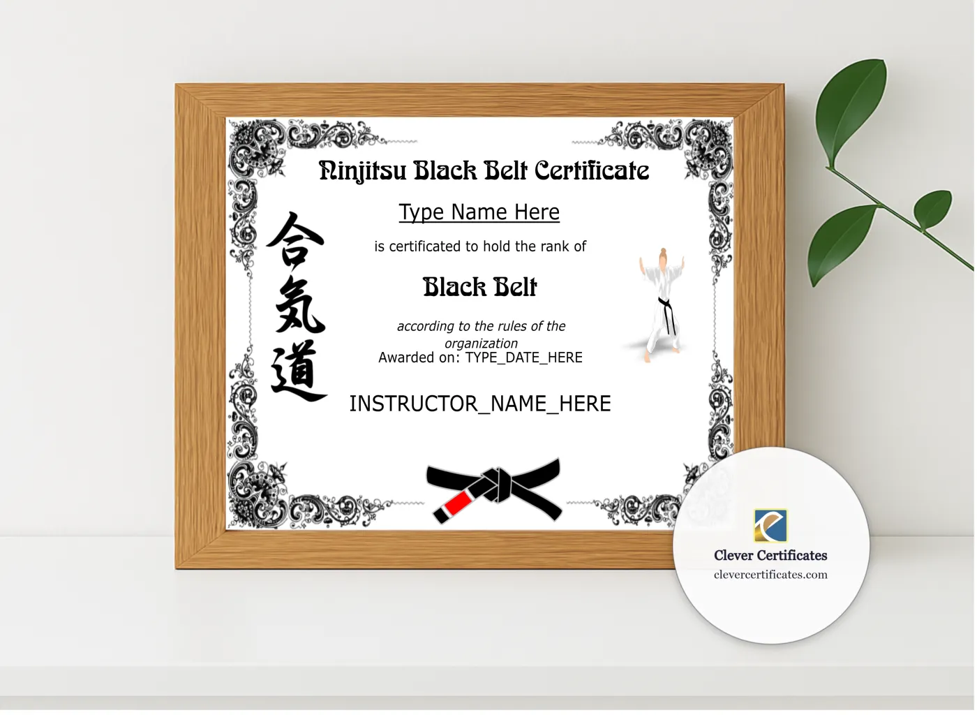 Realistic mockup featuring Editable Ninjitsu Black Belt Certificate displayed within a modern frame, set against a minimalistic background.