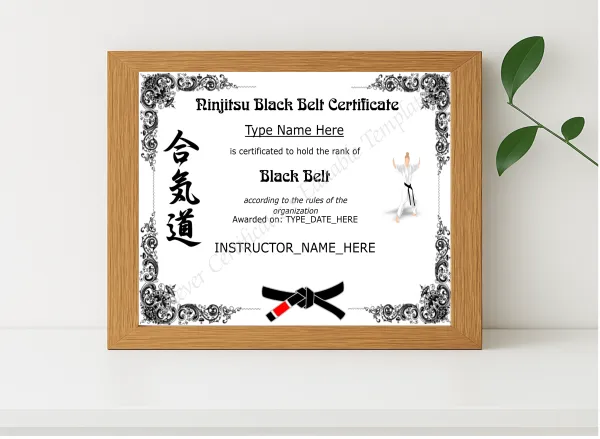 Realistic mockup featuring Editable Ninjitsu Black Belt Certificate displayed within a modern frame, set against a minimalistic background.