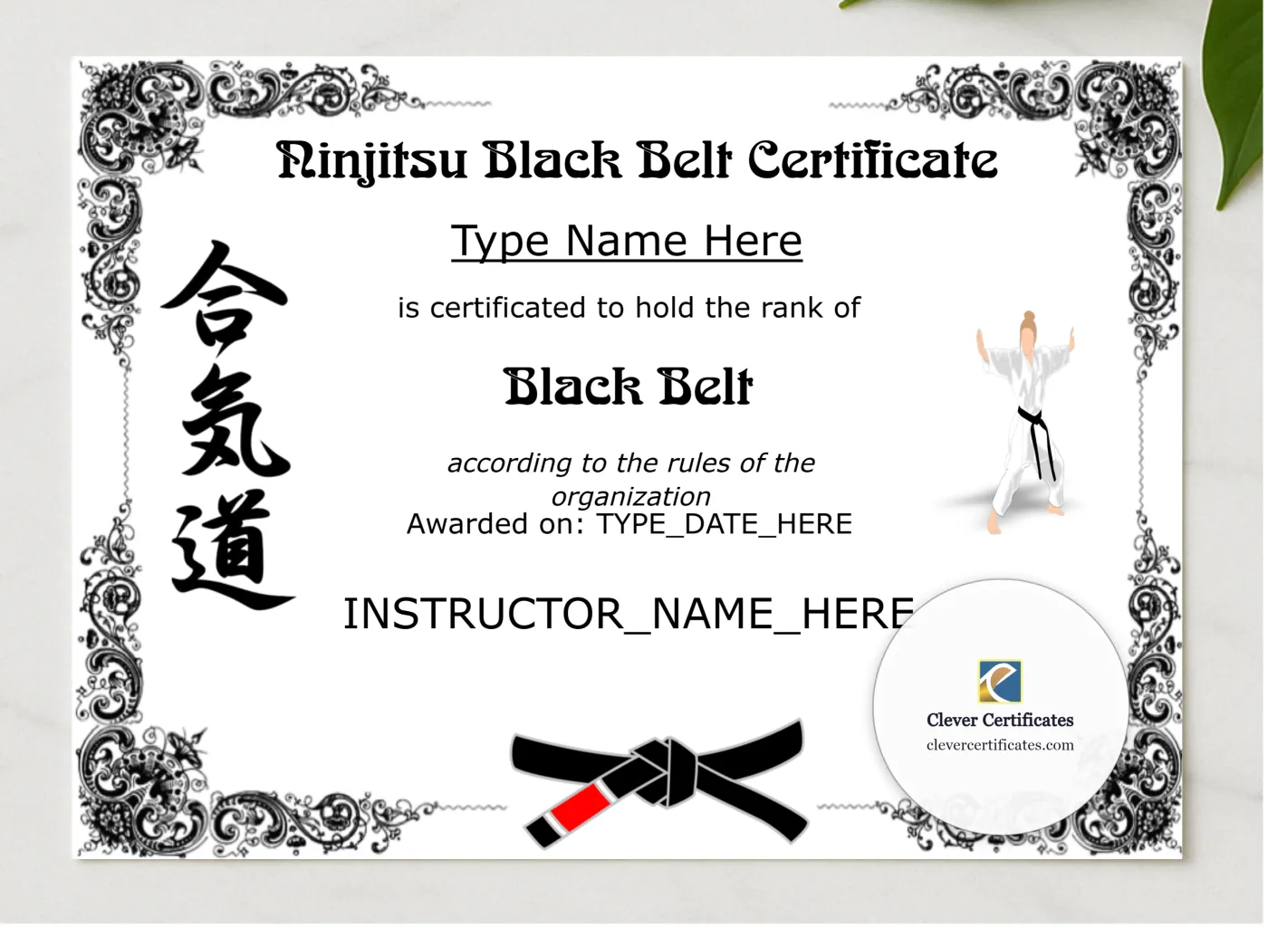Editable Ninjitsu Black Belt Certificate presented in a sleek wooden frame, elegantly arranged on a stylish table.