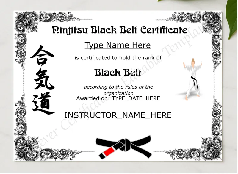 Editable Ninjitsu Black Belt Certificate presented in a sleek wooden frame, elegantly arranged on a stylish table.