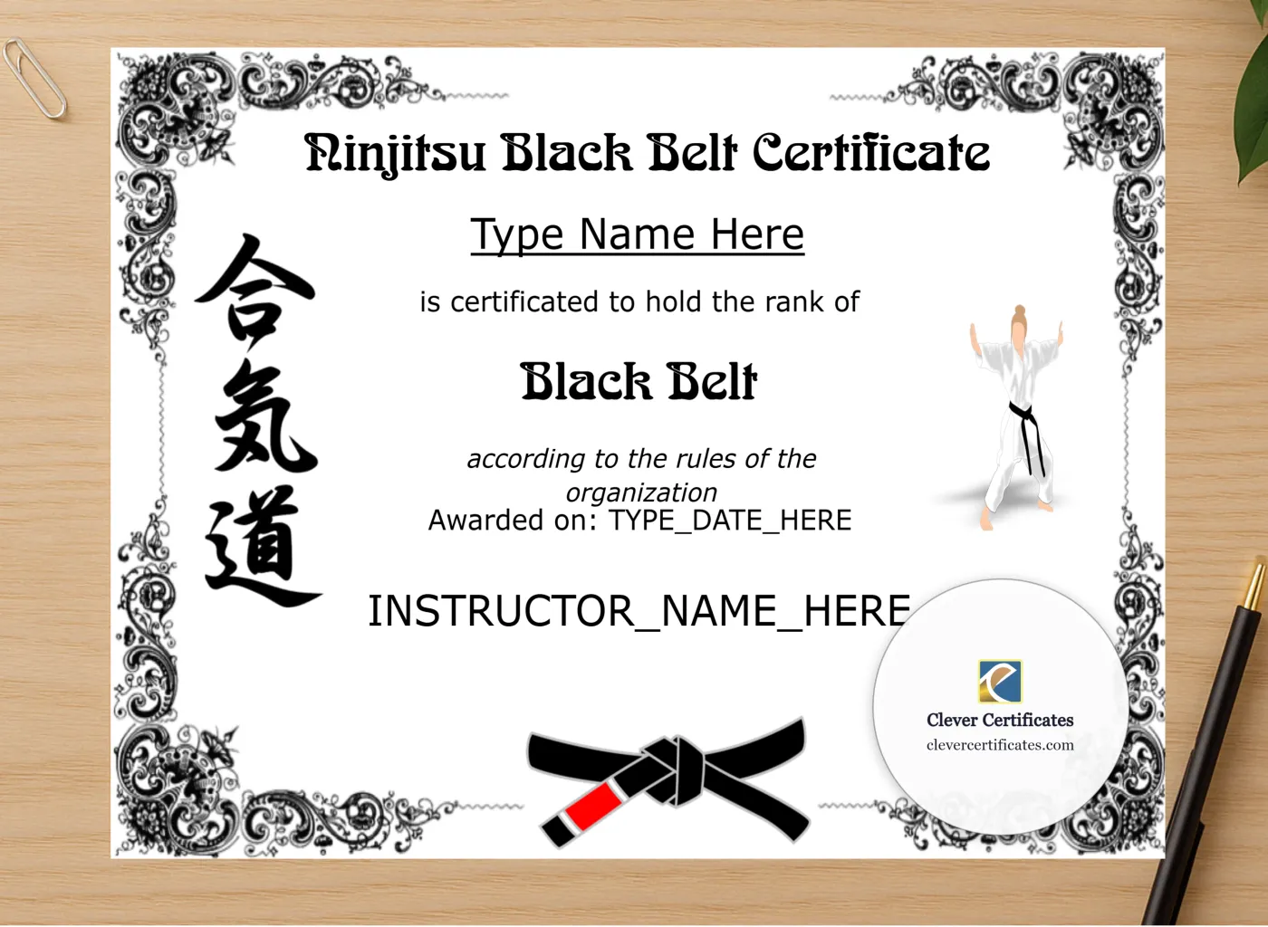 Professional preview of Editable Ninjitsu Black Belt Certificate certificate on high-quality stationery paper, ideal for showcasing the final look.