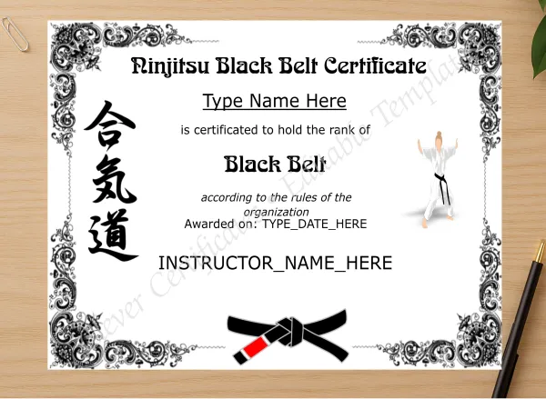 Professional preview of Editable Ninjitsu Black Belt Certificate certificate on high-quality stationery paper, ideal for showcasing the final look.
