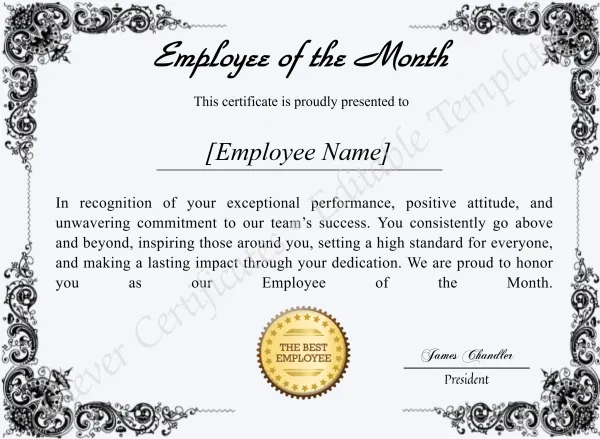 Printable Employee Of The Month Award Certificate