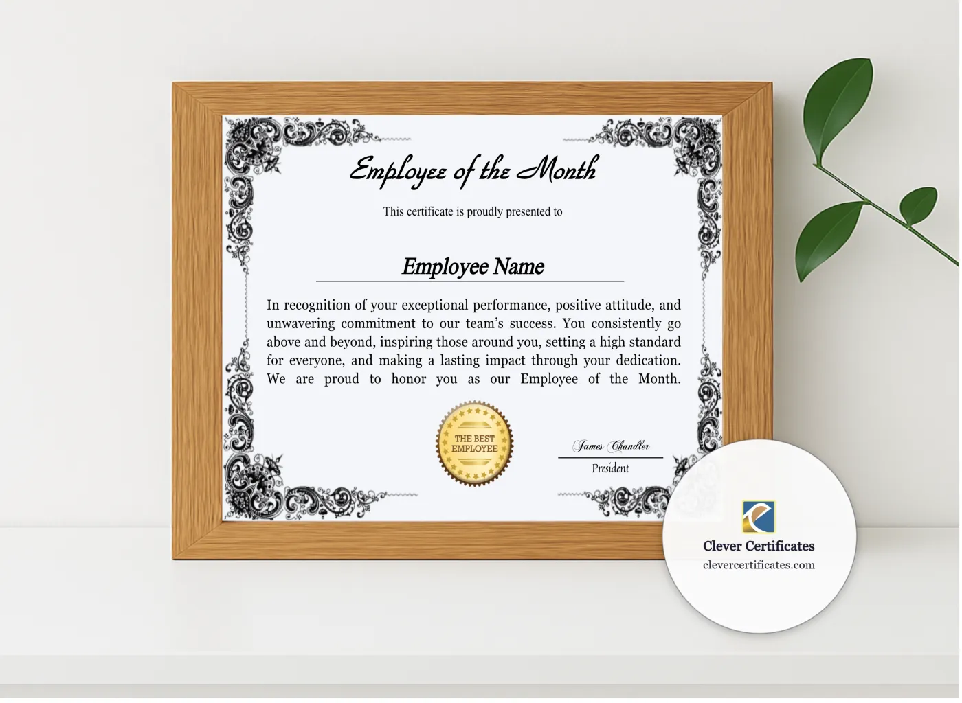 Realistic mockup featuring Printable Employee Of The Month Award Certificate displayed within a modern frame, set against a minimalistic background.