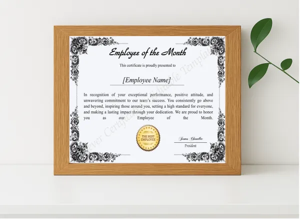 Realistic mockup featuring Printable Employee Of The Month Award Certificate displayed within a modern frame, set against a minimalistic background.