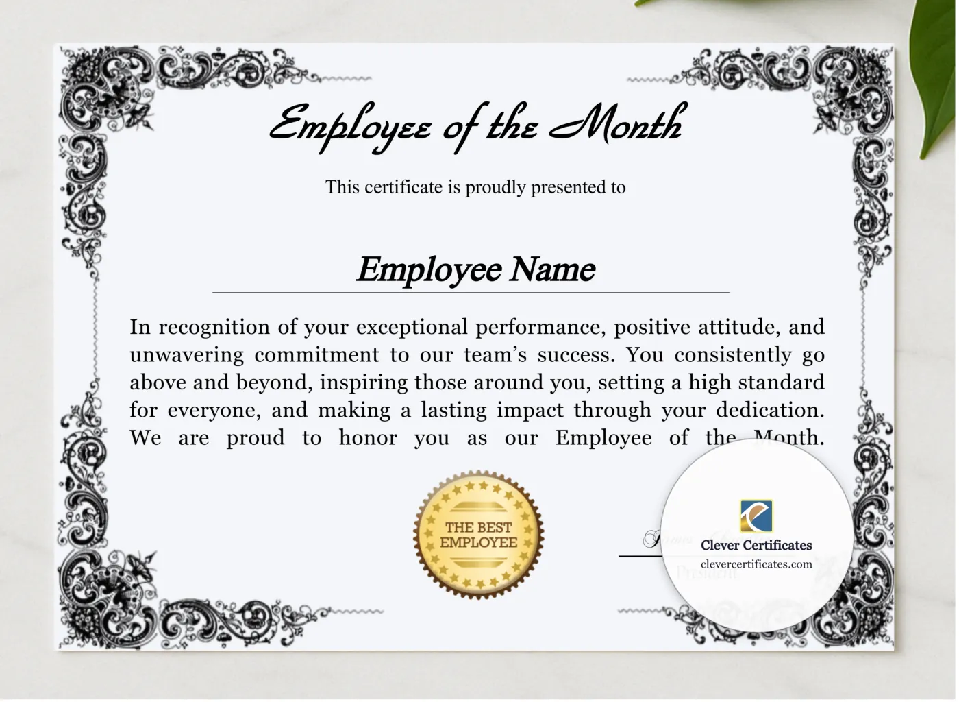 Printable Employee Of The Month Award Certificate presented in a sleek wooden frame, elegantly arranged on a stylish table.