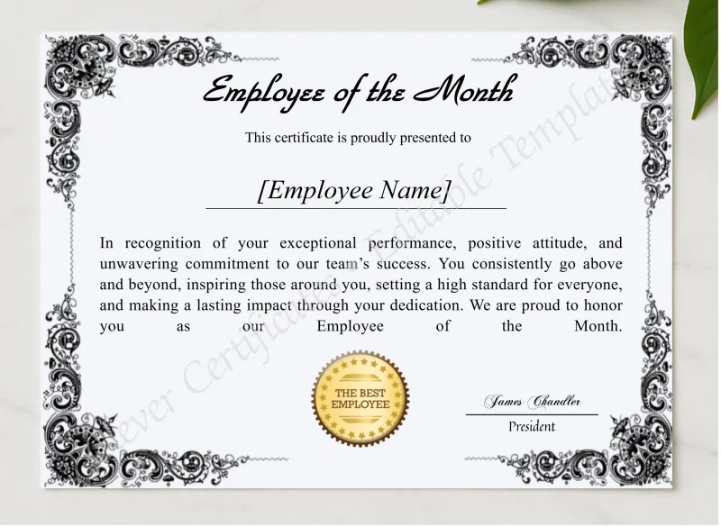 Printable Employee Of The Month Award Certificate presented in a sleek wooden frame, elegantly arranged on a stylish table.
