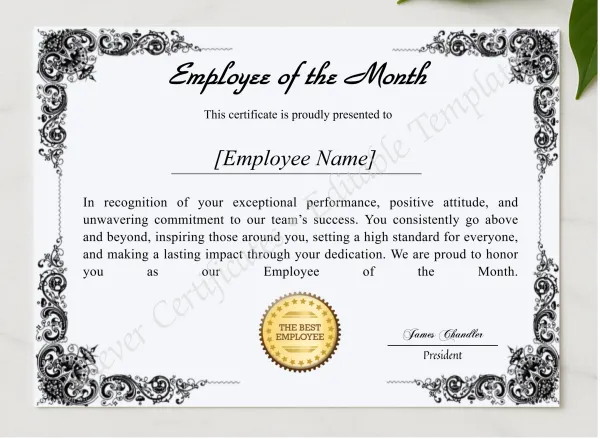 Printable Employee Of The Month Award Certificate presented in a sleek wooden frame, elegantly arranged on a stylish table.