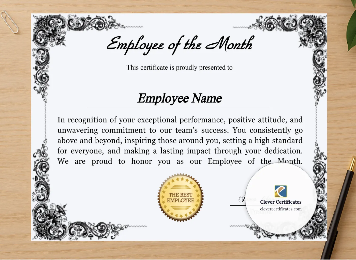 Professional preview of Printable Employee Of The Month Award Certificate certificate on high-quality stationery paper, ideal for showcasing the final look.