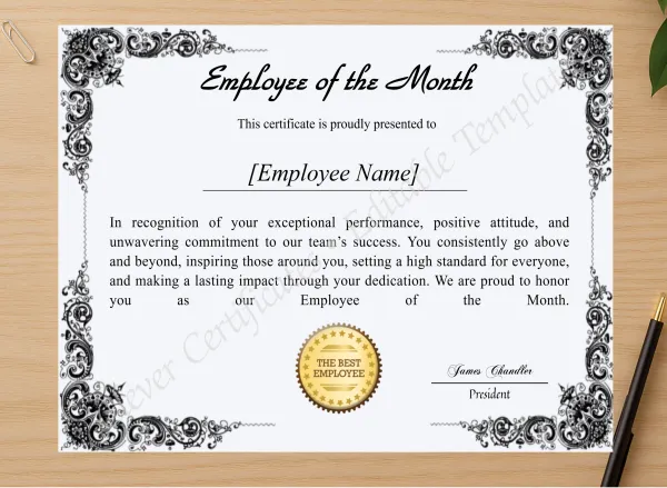 Professional preview of Printable Employee Of The Month Award Certificate certificate on high-quality stationery paper, ideal for showcasing the final look.