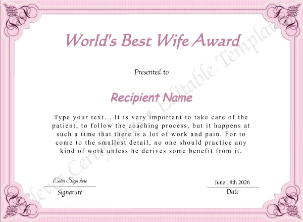 Editable Worlds Best Wife Award Certificate