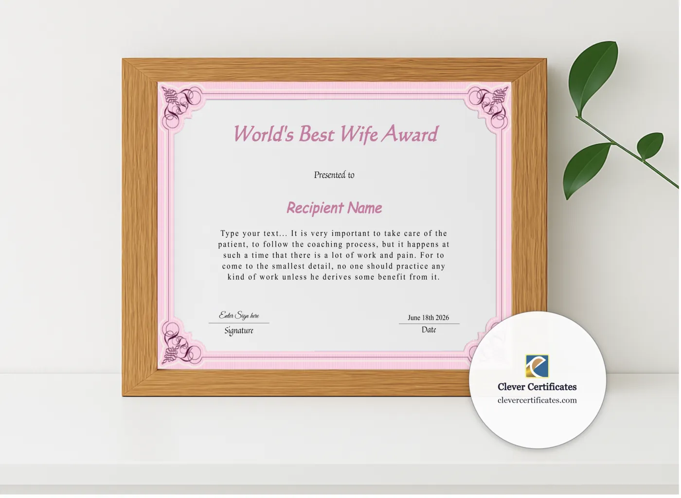 Realistic mockup featuring Editable Worlds Best Wife Award Certificate displayed within a modern frame, set against a minimalistic background.