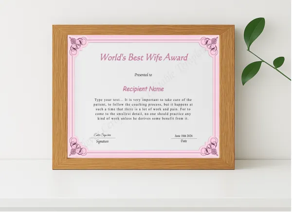 Realistic mockup featuring Editable Worlds Best Wife Award Certificate displayed within a modern frame, set against a minimalistic background.