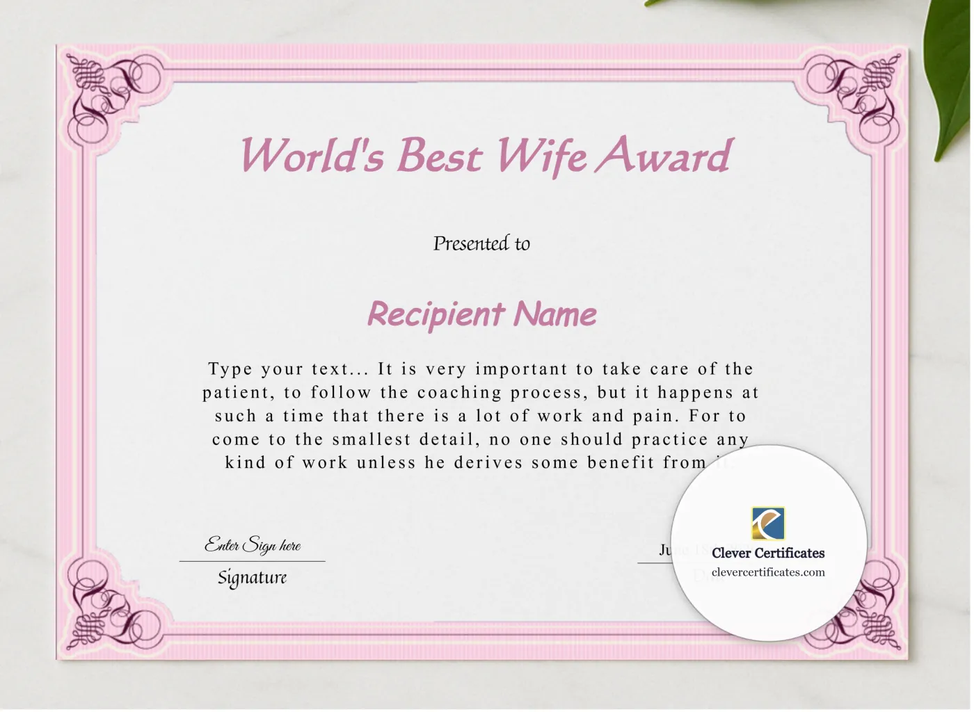 Editable Worlds Best Wife Award Certificate presented in a sleek wooden frame, elegantly arranged on a stylish table.