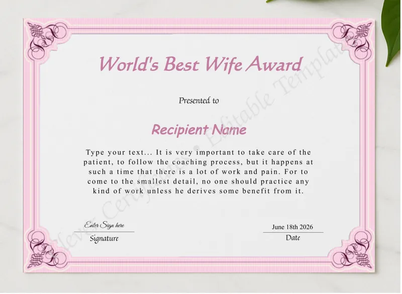 Editable Worlds Best Wife Award Certificate presented in a sleek wooden frame, elegantly arranged on a stylish table.