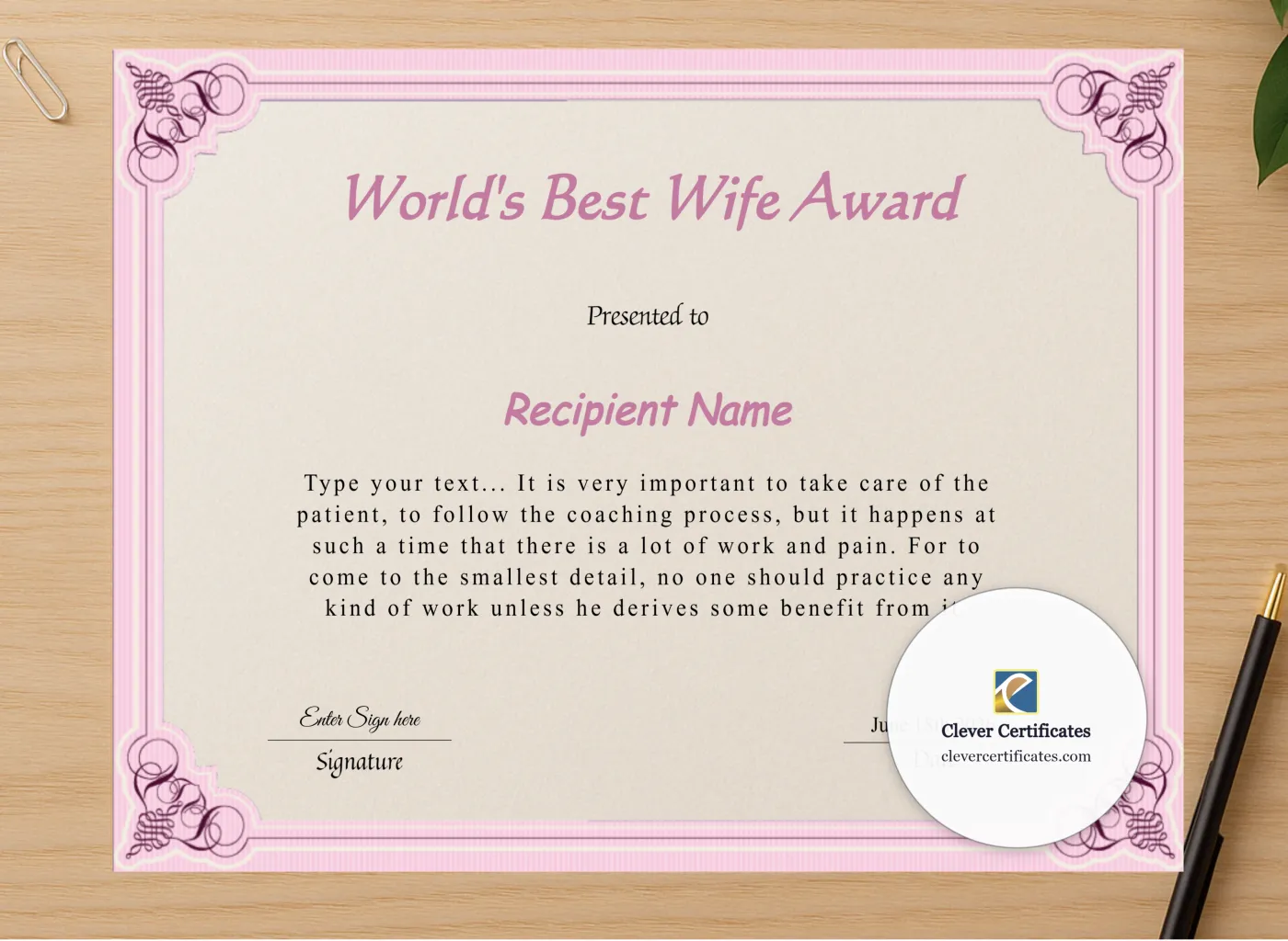 Professional preview of Editable Worlds Best Wife Award Certificate certificate on high-quality stationery paper, ideal for showcasing the final look.