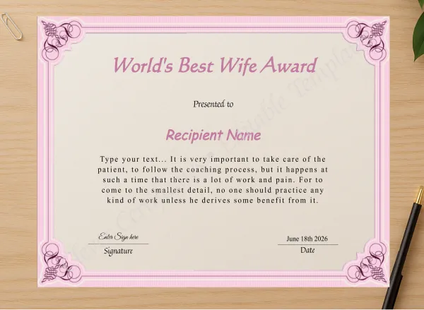 Professional preview of Editable Worlds Best Wife Award Certificate certificate on high-quality stationery paper, ideal for showcasing the final look.