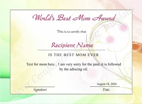 Editable Worlds Best Mom Award Certificate