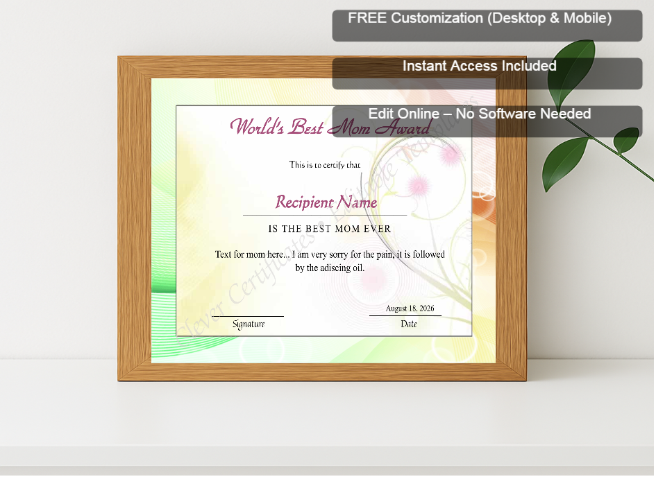 Premium mockup with Free Editor badge stack for Editable Worlds Best Mom Award Certificate