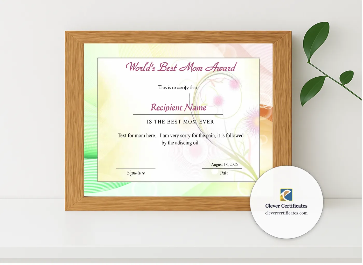 Realistic mockup featuring Editable Worlds Best Mom Award Certificate displayed within a modern frame, set against a minimalistic background.