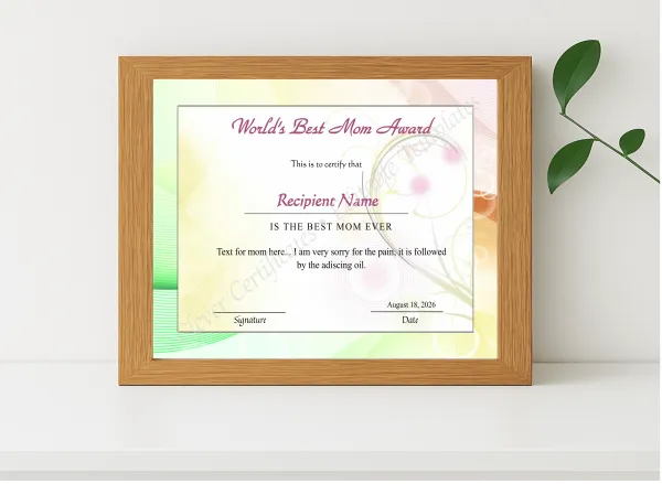 Realistic mockup featuring Editable Worlds Best Mom Award Certificate displayed within a modern frame, set against a minimalistic background.